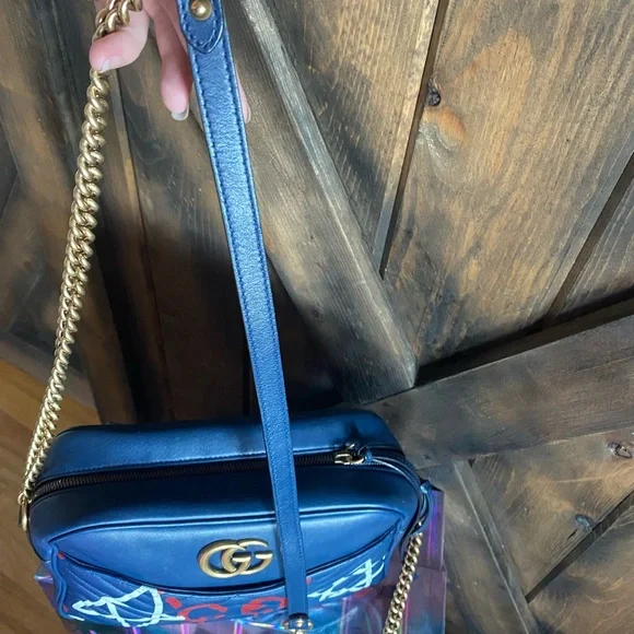 TRADED😍Gucci Rare GG Marking ghost Crossbody Chain Leather Bag Navy - Picture 3 of 14